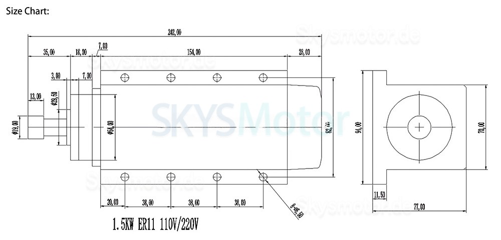 Chinaspindel CNC Luftgek&uuml;hlt Huajiang-1.5KW 110V/220V, 1,5kW, 24.000U/min, ER11/ER16-Spannzange, 400Hz, mit Luftfahrtstecker